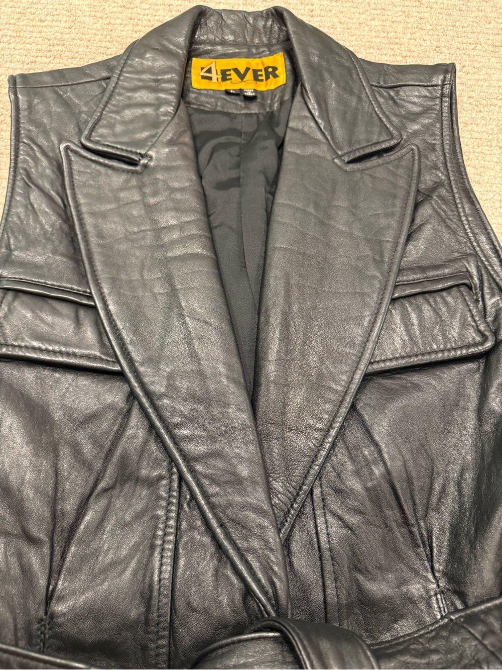 VINTAGE 1980’s 1990’s genuine leather belted vest sleeveless jacket 4 Ever brand - Picture 3 of 16